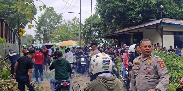 Personel Polsek Nusaniwe, Polresta Ambon mengatur lalu lintas pasca pohon tumbang di Taman Makmur.